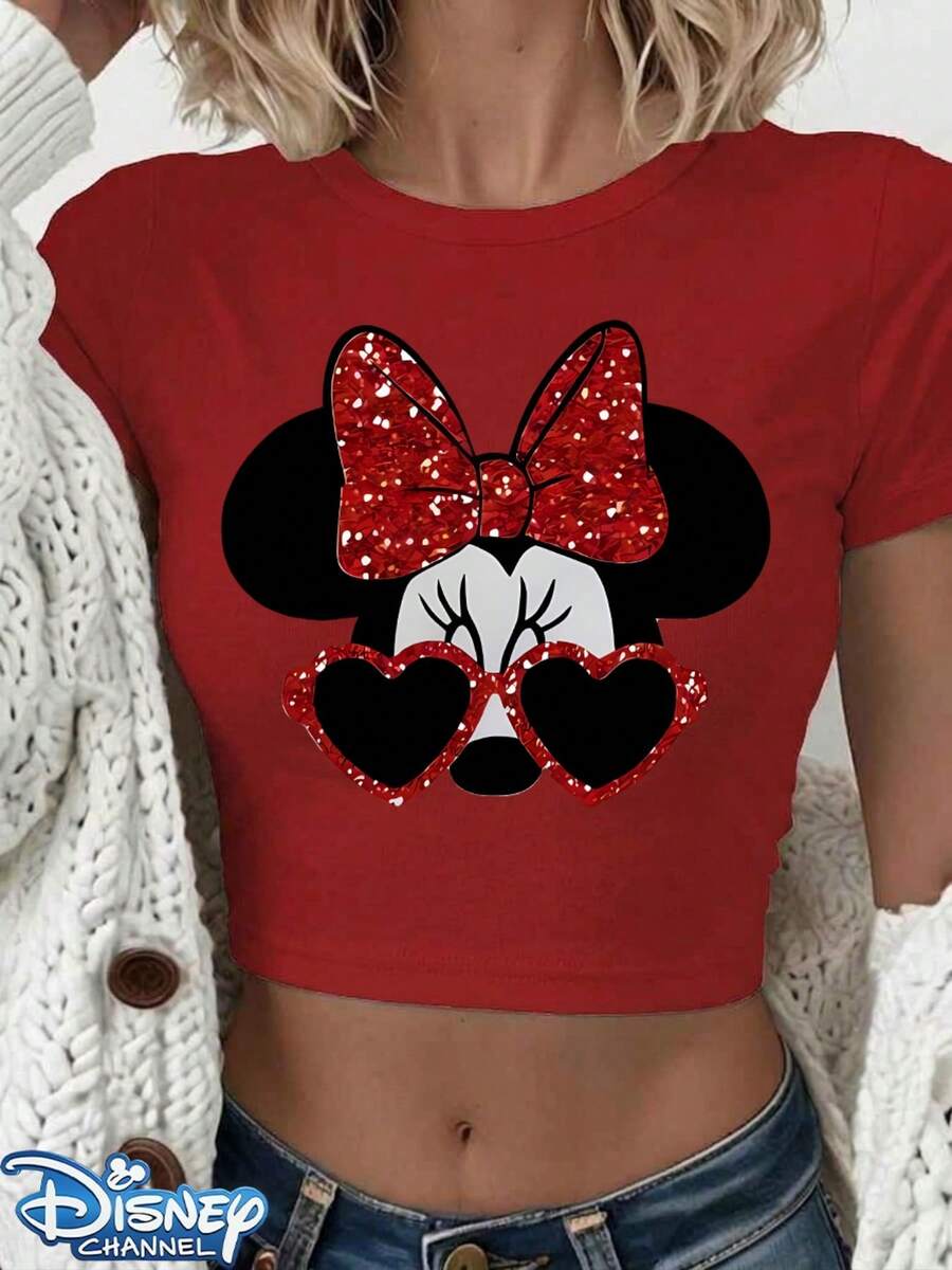 Authentic Disney New Minnie Mouse Head + Red Bow Heart Sunglasses With Faux Rhinestone Print Design, Women's Casual Round Neck Slim Fit Short T-Shirt, Summer Basic Polyester Fiber Top, Versatile For Everyday Wear And Outings, Comfortable And Loose, The Perfect Gift Choice, Washable, Holiday Outfits For Women, Festival Outfits, Women's Linen Shirt, Women's White Top.The Sizing Runs Small; If You Prefer A Loose Fit, Please Choose One Size Up. - Red - View 1