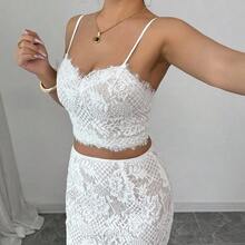 2pcs/Set Women Lace Solid Color Spaghetti Strap Lace Trim Patchwork Open Back Slit Holiday Party Elegant Glamourous Sexy Bohemian Style Vacation Summer Sleeveless Top & Skirt Set - Blanco - Ver 8