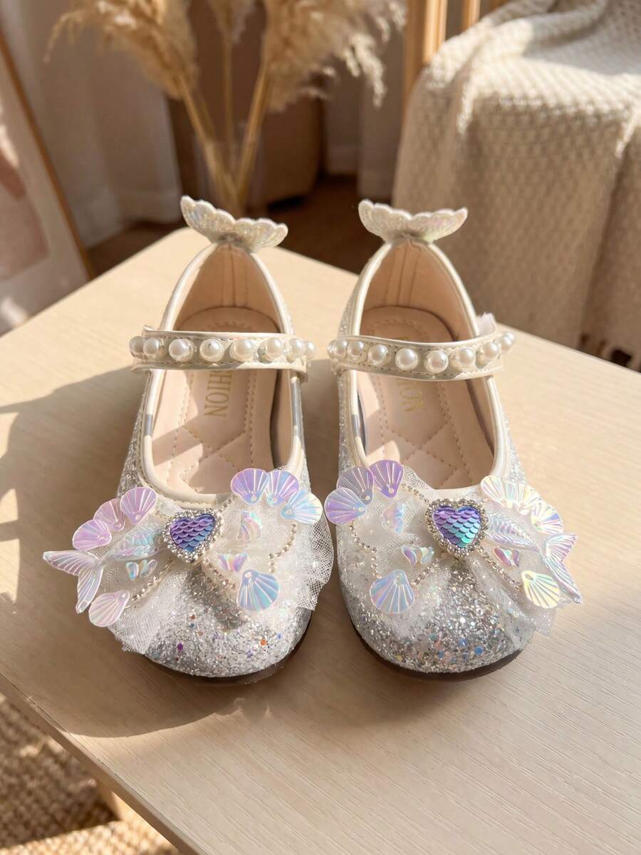 3-12 Years Old Girls' Mermaid Sequin Sandals. Silver Sequins + Rhinestone Decor. Laser Cut Fishtail + Mesh Decor. Heel With Small Wings. Princess Formal Style. Suitable For Theme Parties And Stage Performances! - Beige - View 1