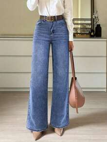 Jeans rectos y holgados para mujer con bolsillos.Sencillos, casuales, elegantes y versátiles, adecuados para todas las estaciones.Perfectos para viajar, la playa y las vacaciones de primavera - Azul medio - Ver 1