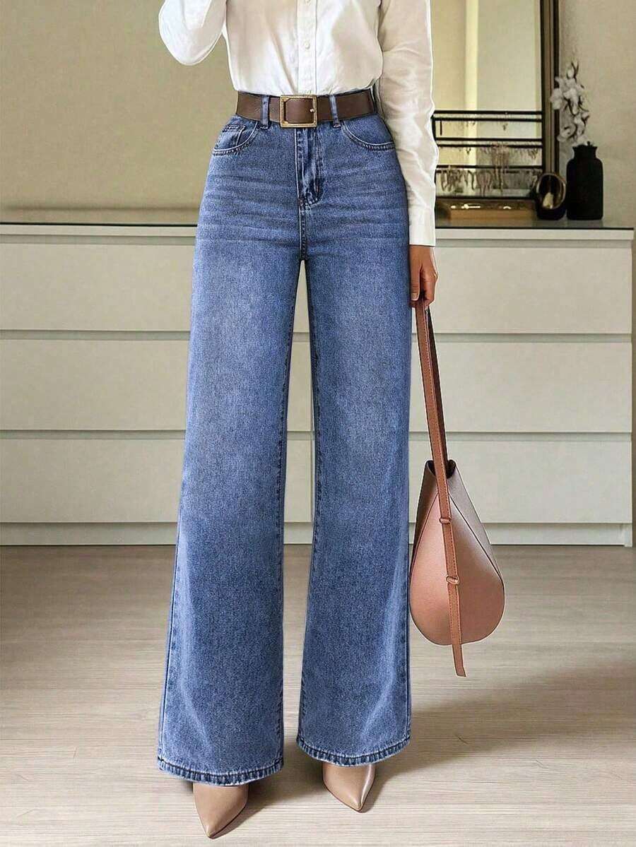 Jeans rectos y holgados para mujer con bolsillos.Sencillos, casuales, elegantes y versátiles, adecuados para todas las estaciones.Perfectos para viajar, la playa y las vacaciones de primavera - Azul medio - Ver 1