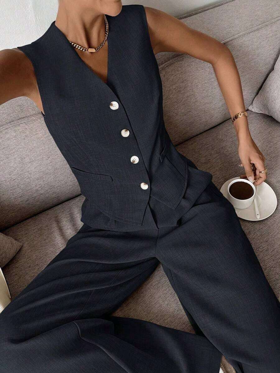 Conjunto de chaleco y pantalones casuales y de uso diario para mujer en otoño/invierno - Gris Oscuro 2 - Ver 1