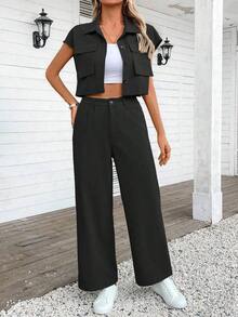 2 piezas Conjunto de top y pantalones de verano de mujer con diseño de bolsillo y abotonadura sencilla - Negro - Ver 4