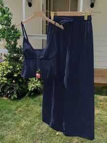 2 piezas Conjunto de camiseta de tirantes y pantalones largos de algodón y lino para mujer, conjunto de 2 piezas de algodón azul oscuro - Azul marino - Ver 5
