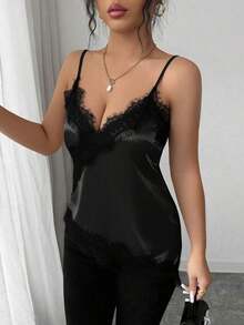 Camiseta de mujer de estilo francés elegante con contraste de color y encaje, con bajo asimétrico - Negro 2 - Ver 6