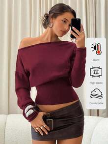 Suéter morado de manga larga, cuello asimétrico y hombros descubiertos, de punto ajustado para mujer, para otoño/invierno - Burdeos - Ver 8