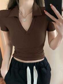 Camiseta polo de manga corta de ajuste ceñido y unicolor para mujer, casual de verano - Marrón - Ver 4