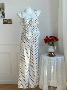 Conjunto de 2 piezas de top tipo camisola con hombros retorcidos y estampado de lunares, y pantalones de pierna ancha, para mujer, estilo casual de verano, retro y de playa - Blanco - Ver 6