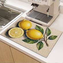 1pc Lemon Print Absorbent Mat/Drying Mat For Coffee Maker, Dishes - Polyester Absorbent Desktop Protective Mat With Rubber Anti-Slip Pad, For Kitchen Counter Decor, Home Bar And Dining Table - Multicolor - View 2