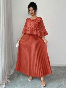 Vestido con decoración floral elegante y bajo plisado, adecuado para bodas, fiestas de cumpleaños y otras ocasiones, otoño - Rojo - Ver 4