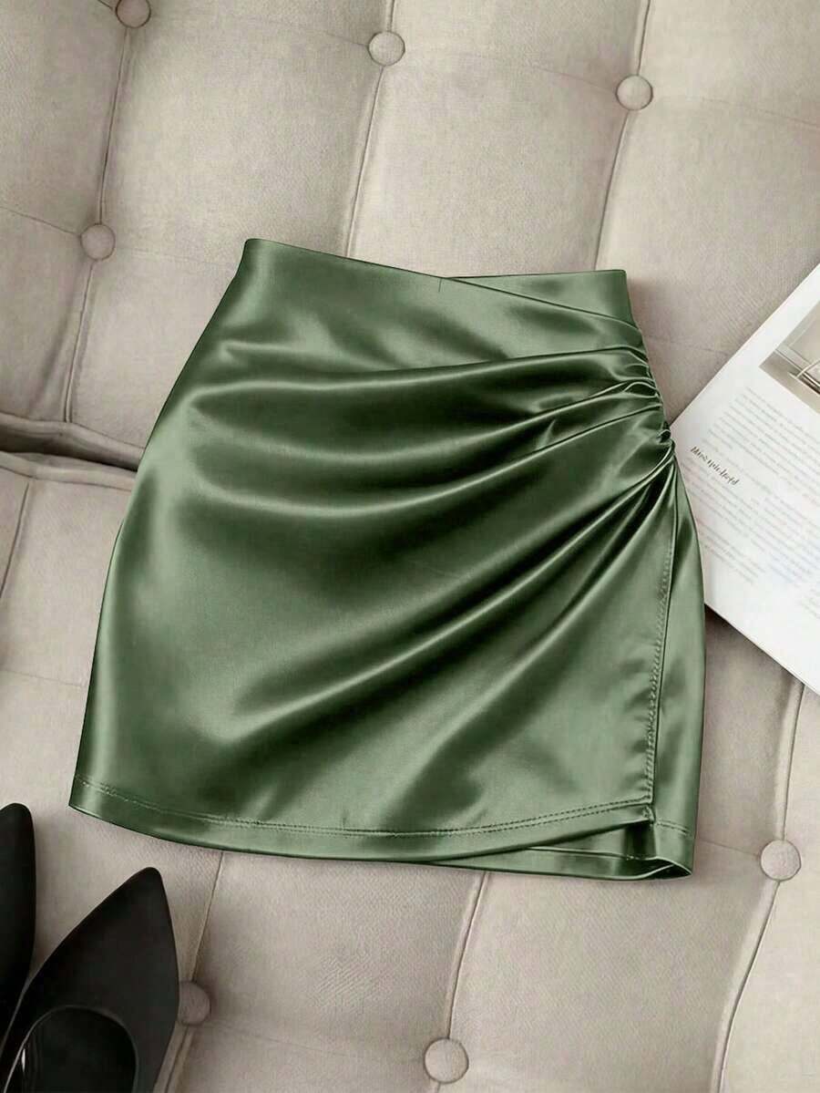 Falda ajustado plisada de cintura alta con dobladillo asimétrico brillante y elegante para mujer, primavera/verano - Verde militar - Ver 1