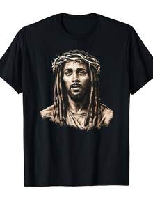 Christian Graphic T-Shirt For Men And Women With 3D Crown Of Thorns And Dreadlocks Design, African American Style - Black Crew Neck, Short Sleeve, Regular Fit, Casual And Outdoor Church Wear, Unisex - 黑色 - 查看 8