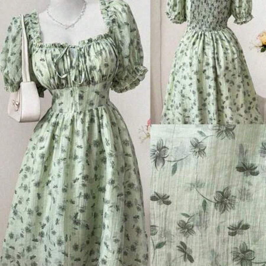Vestido atado a cuadros florales elegante de talla grande , primavera/verano - Verde - Ver 1