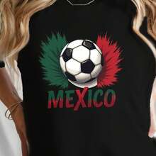 Camiseta Casual de Manga Corta con Diseño de Balón de Fútbol y Orgullo Mexicano, Perfecta para Primavera y Verano, Diseñada para Mujeres - Negro - Ver 6