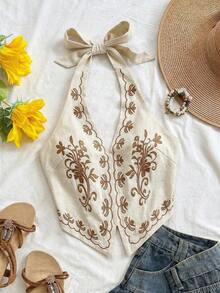 Top corto para mujer estilo bohemio sin mangas con diseño de espalda de tirantes, cuello halter con diseño anudado y bordados florales, adecuado para festivales de música - Marrón 2 - Ver 7