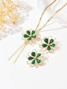 3pcs/Set Summer Fashion Bohemian Colorful Hollow Flower Necklace + Earrings Jewelry Set For Women, Suitable For Casual, Beach, Date, Party, Gift - Golden Green - View 3