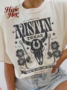 1 pieza de camiseta de verano de algodón suave para mujer HypeHer con estampado retro de Austin Texas 2026, estilo casual de vacaciones, holgada, multifuncional, de cuello redondo, negra, de manga corta, elegante para el uso diario, adecuada para el uso cotidiano. 180g 100% algodón suave. - Blanco - Ver 2