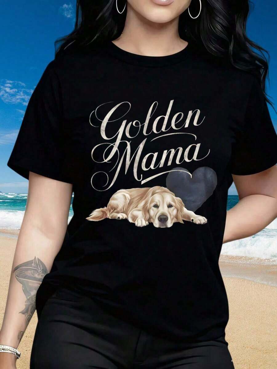 Camiseta de manga corta con cuello redondo para mujer, camiseta "Golden Mama Dog Lover" para mujer, top casual de algodón negro para dueñas de mascotas con diseño de Golden Retriever y gráfico de corazón. Los estampados divertidos son adecuados para el Día de San Valentín, fiestas de Navidad, actividades deportivas, fiestas de vacaciones, salidas, deportes y otros regalos navideños. Camiseta unisex de algodón holgada de manga corta y cuello redondo estilo vintage urbano. Blusas para mujer, playeras de mujer, blusas casuales para dama. - Negro - Ver 1