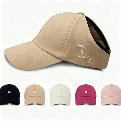Heart Embroidery High Ponytail Half-Brimmed Baseball Cap For Women, Versatile Sun Visor Hat For Summer