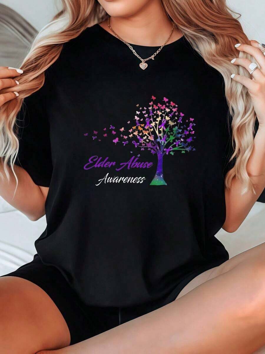 Black Crew Neck T-Shirt With Colorful Tree Print And Elder Abuse Awareness, Graphic Casual Wear, Women's T-Shirts - Urban Vintage Style, Unisex, Loose Fit, Cotton, Short Sleeve, Crew Neck, 100% Pure Cotton. - 黑色 - 查看 1