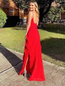Nueva Llegada Vestido Largo Sin Tirantes Cuello U Espalda Descubierta Abertura Lateral - Rojo - Ver 3