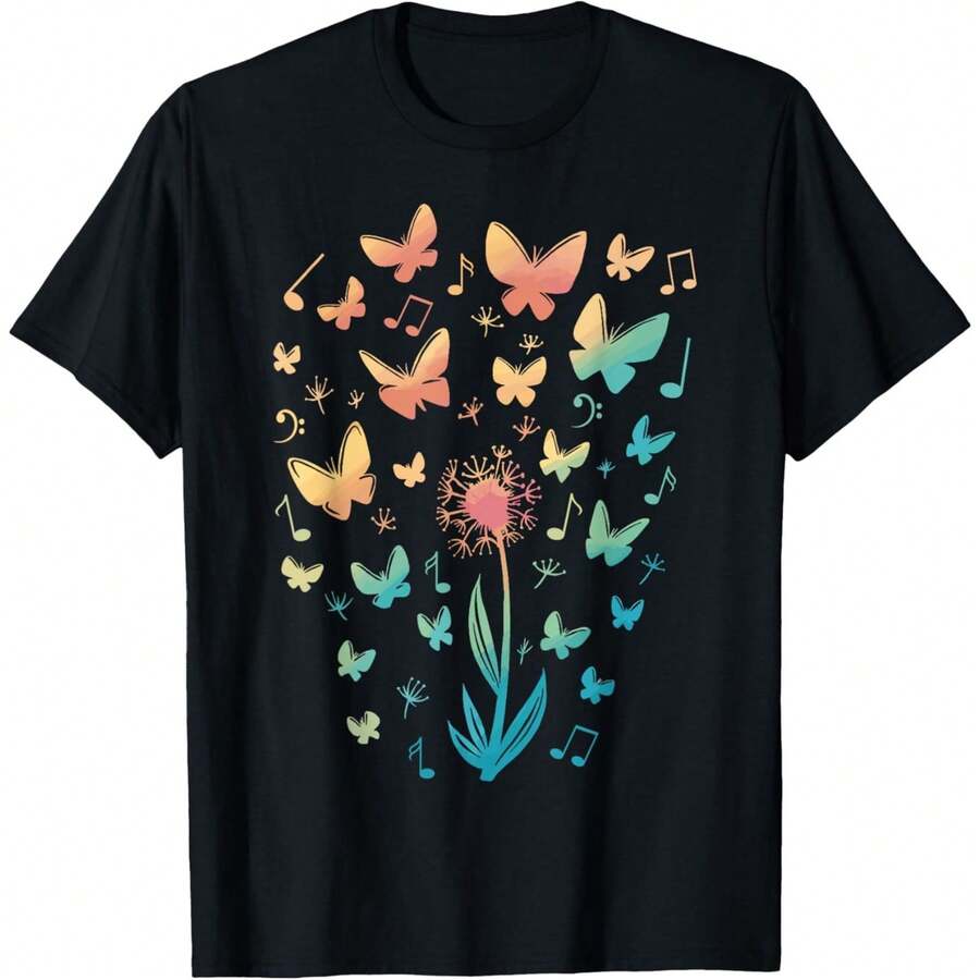 Natural Music T-Shirt Fclothes, With Flclothesal And Butterfly Clothes, With Musical Notes, Soft And Breathable Fabric Fclothes Concerts, Festivals And Daily Use, Comfclothestable Fit Fclothes All Seasons, Artistic Clothes, Comfclothestable Material, Shclothest-Sleeved T-Shirt, Fclothes Festivals, Festival Clothing, Artistic Clothes, Lightweight Material, Printed T-Shirt, Festival Lovers. - 黑色 - 查看 1