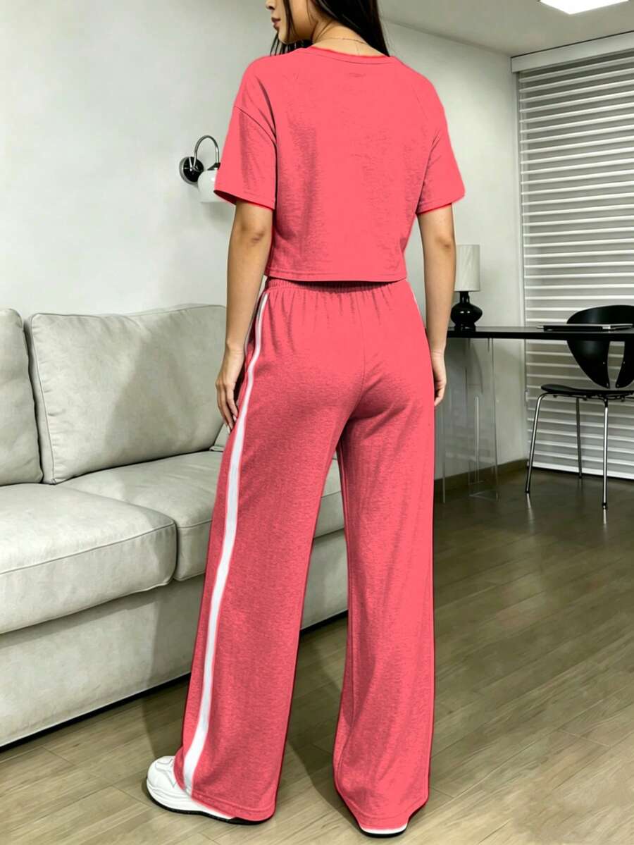Conjunto De Top Corto De Manga Larga Y Pantalón Para Mujer Con Diseño De Bloques De Color - Rosa vieja - Ver 1