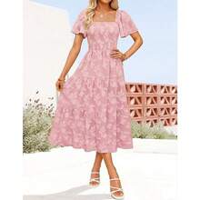 Favorito del Público Vestido Largo Medio Cuello Cuadrado Estampado Floral - Rosa - Ver 7