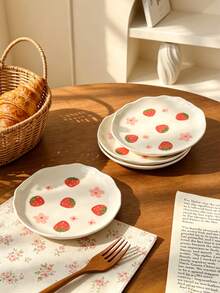 Cabin Kangaroo 1pc/2pcs/4pcs Cute Strawberry Print Ceramic Plates, Aesthetic Flower Dinner Plates, Kawaii Dessert/Snack/Salad Plates, Lovely Tableware For Home Kitchen, Perfect For Breakfast & Party - Multicolor - View 1