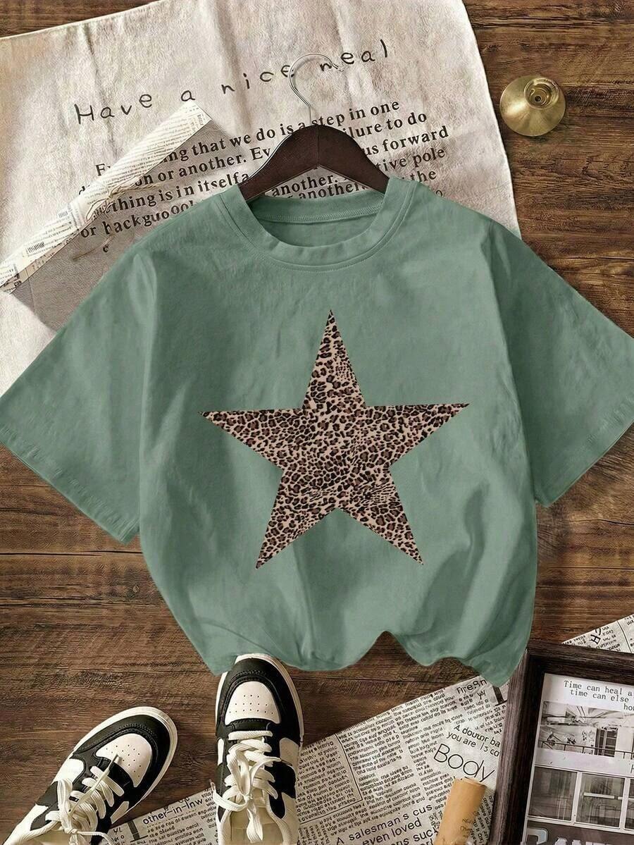 Camiseta de manga corta de cuello redondo con estampado de leopardo y estrella, casual de verano para mujer - Verde - Ver 1
