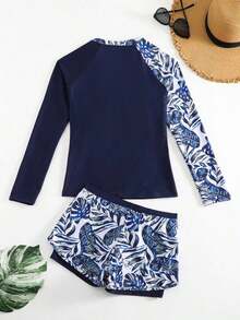 Conjunto de tankini de traje de baño de manga larga con estampado tropical y patchwork para vacaciones de verano en la playa - Azul marino - Ver 2