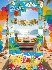 60x120cm 乙烯基攝影背景布，夏威夷 Aloha Tiki 框架剪影主題，藍色，適用於嬰兒洗禮、性別揭曉派對、夏季夏威夷主題派對 - 藍白色 - 查看 4