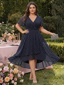 EVERPRETTY Plus Size Elegant Chiffon V-Neck Ruched Polka Dot Bridesmaid Dress, Soft High-Low Ruffle Hem Polka Dot Wedding Guest Evening Gown - Black and White - View 8