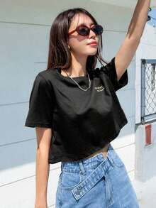 Y2K Style,  Style, The Newest Of 2026, Cute Style, Casual Style. Summer Cropped T-Shirt With Slogan Graphic: DO WHAT YOU WANT 180g (S-XXXL) - 黑色 - 查看 3