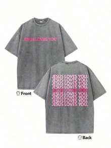 Summer T-Shirts 2026 - Thick Cotton T-Shirt With Religious Print 'Jesus Loves You', Pink-Green Background With Pink Letters, Double-Sided Print - Christian Clothing, Crew Neck T-Shirt, Suitable For Church, Casual Wear Or As A Gift - Summer Clothing (Retro Style, Thick Cotton, Unisex) - 灰色 - 查看 1