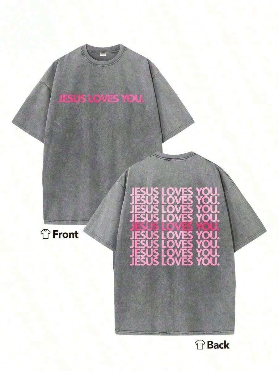Summer T-Shirts 2026 - Thick Cotton T-Shirt With Religious Print 'Jesus Loves You', Pink-Green Background With Pink Letters, Double-Sided Print - Christian Clothing, Crew Neck T-Shirt, Suitable For Church, Casual Wear Or As A Gift - Summer Clothing (Retro Style, Thick Cotton, Unisex) - 灰色 - 查看 1