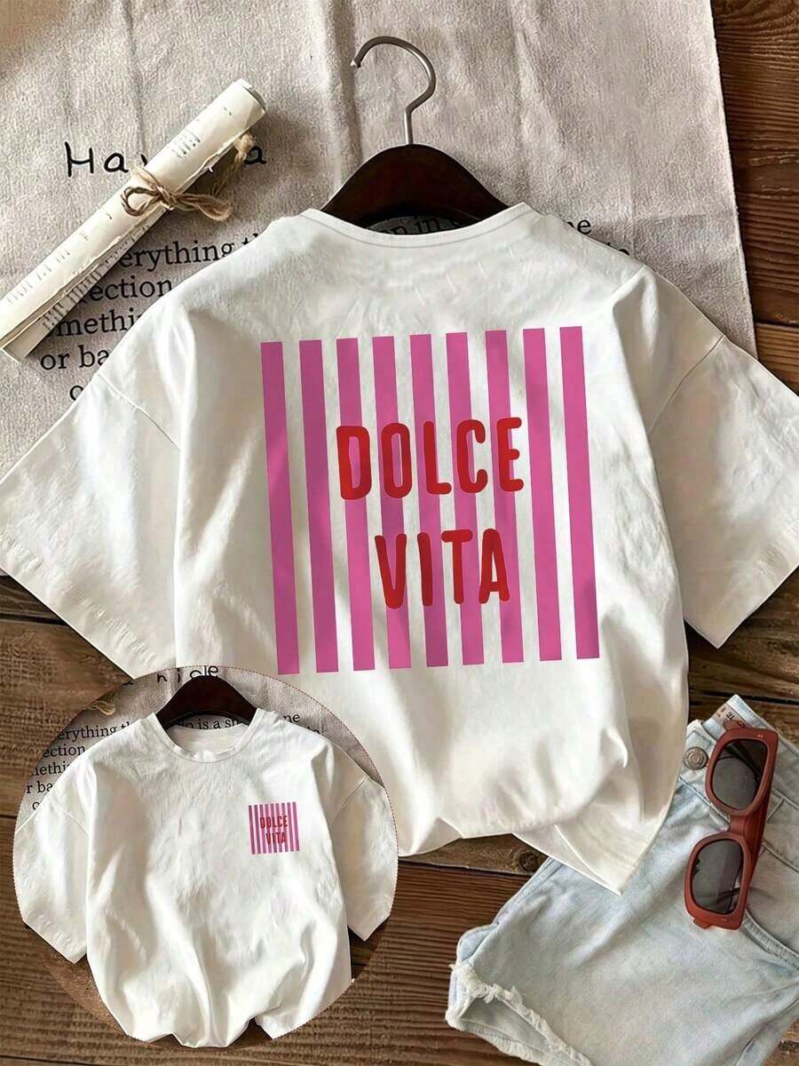 Casual And Versatile White Summer Tops For Women, Short Sleeve Round Neck T-Shirt With Stripes And Slogans. - White - View 1