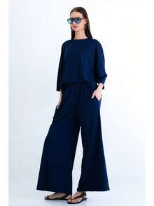 Crew Neck, Trumpet Sleeve Modal Top And Double Pocket Trousers Set. - Navy Blue - View 1