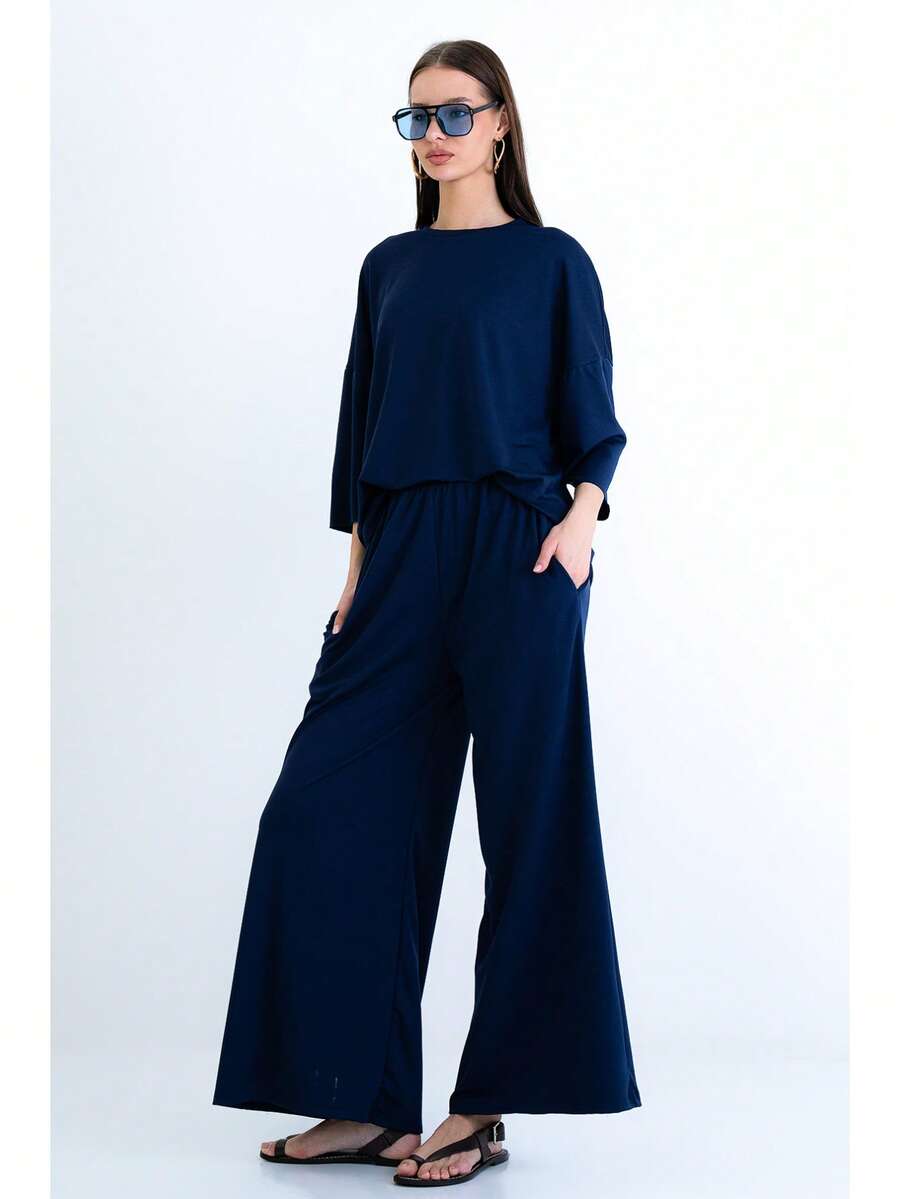 Crew Neck, Trumpet Sleeve Modal Top And Double Pocket Trousers Set. - Navy Blue - View 1
