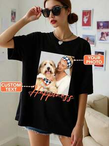 Women's Y2K Style Custom Loose Fit T-Shirt, Upload Your Selfie/Friends/Pets/Family Photo, Enter Your Text/Blessing/Name/Meaningful/Funny Text, Casual Black Crew Neck, Short Sleeve, Oversized, Summer, Holiday Gift, Valentine's Day Gift, Music Festival Merchandise, Special Gift, Creative Gift, Couple/Best Friend Matching, Teamwork, Corporate Customization, One Of A Kind - 黑色 - 查看 1