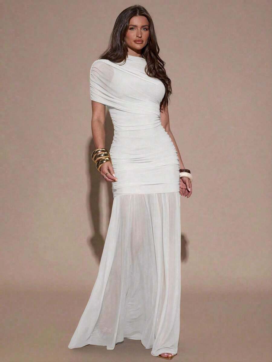 X GALILEA Vestido ajustado con pliegues elegantes, adecuado para cóctel, cita romántica, capas de otoño/invierno, fiesta, reunión formal, Halloween, Navidad - Blanco - Ver 1