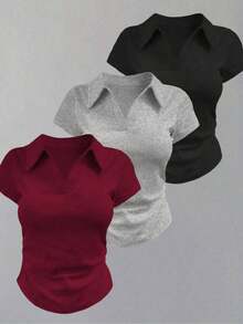 Camiseta casual de mujer con cuello polo, manga corta y estampado de corazones en color contrastante - Burdeos - Ver 6