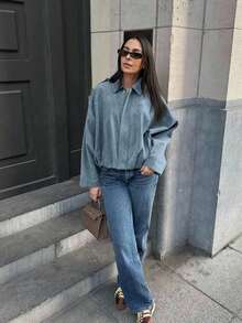 Chaqueta casual suelta de manga larga de ante sintético de un solo pecho para mujer, adecuada para usar en primavera. Chaqueta militar corta de mujer con botones de metal en los bolsillos, adecuada para usar en primavera y otoño. - Azul - Ver 4