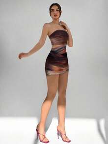 Vestido casual, elegante y sexy de estampado abstracto marrón café, tipo bandeau y ajustado, apropiado para el verano, vacaciones y fiestas - Multicolor 3 - Ver 3