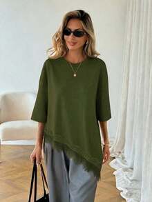 Camiseta casual de mujer con dobladillo asimétrico de encaje de unicolor, uso versátil diario, parte superior de ocio de primavera/verano, adecuada para vacaciones, verano, primavera, vacaciones de primavera y diversas ocasiones, incluyendo ves - Verde militar - Ver 4