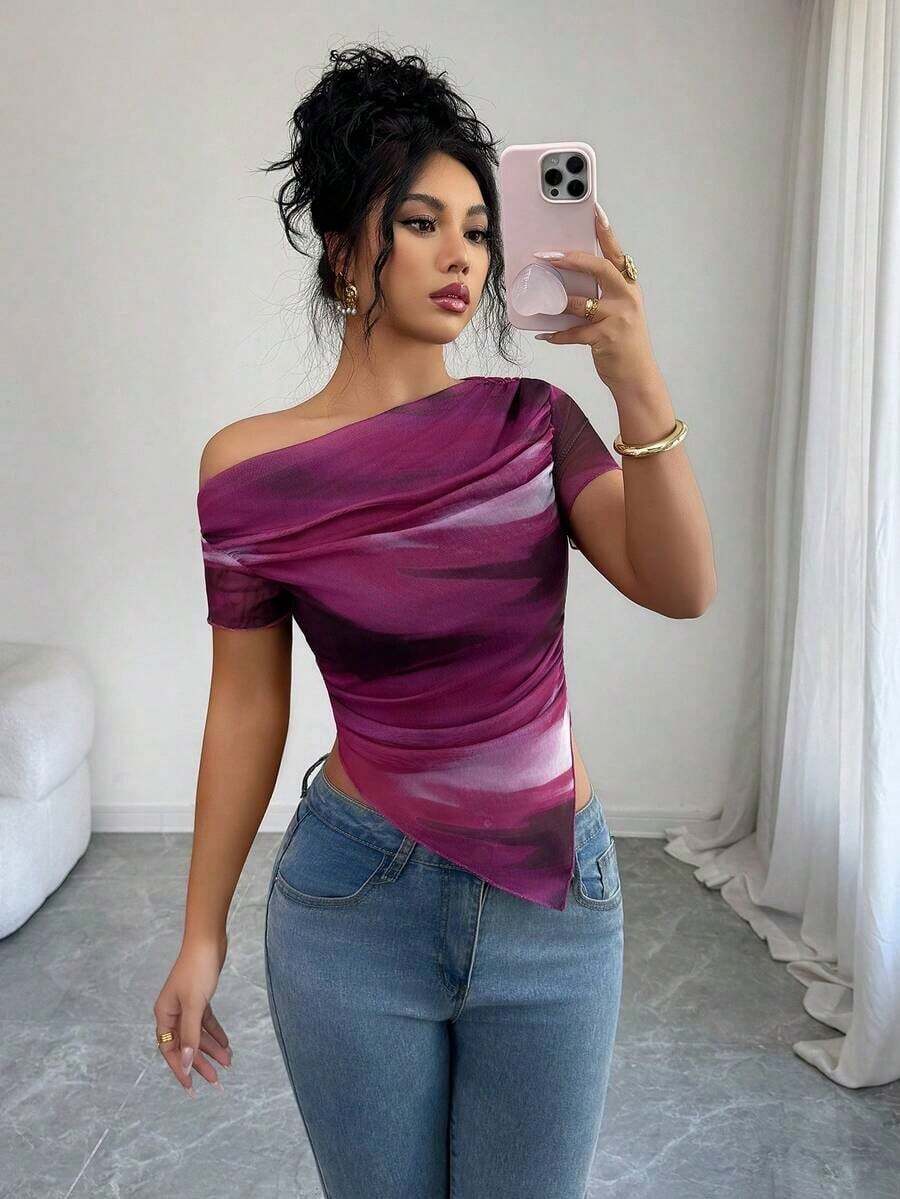 Camiseta de mujer de manga corta con hombro asimétrico y estampado de teñido anudado de moda - Rosa Fucsia - Ver 1