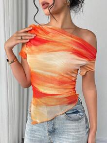 Camiseta de mujer de manga corta con hombro asimétrico y estampado de teñido anudado - Naranja - Ver 5