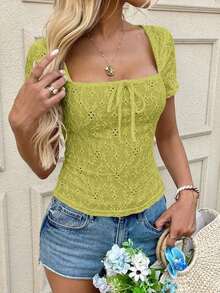 Camiseta de mujer de manga corta con cuello cuadrado, decoración de mariposa, textura jacquard de unicolor, primavera/verano - Verde - Ver 6