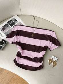 Camiseta corta de manga corta ajustada con hombros descubiertos, estampado retro de coche inglés y pliegues en la cintura, en color rosa, adecuada para el verano, el estilo callejero y el aeropuerto - Multicolor 3 - Ver 4