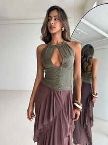 Nuevo camisol de tirantes finos con espalda descubierta y lentejuelas rosas para mujer, elegante y sexy, ideal para el Día de San Valentín, fiestas y viajes - Verde 2 - Ver 5